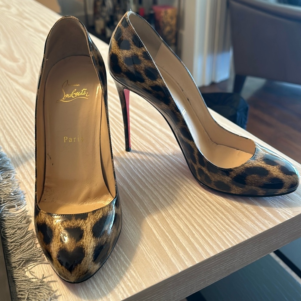 Louboutin Patent Leather Leopard Pump - Size 38.5